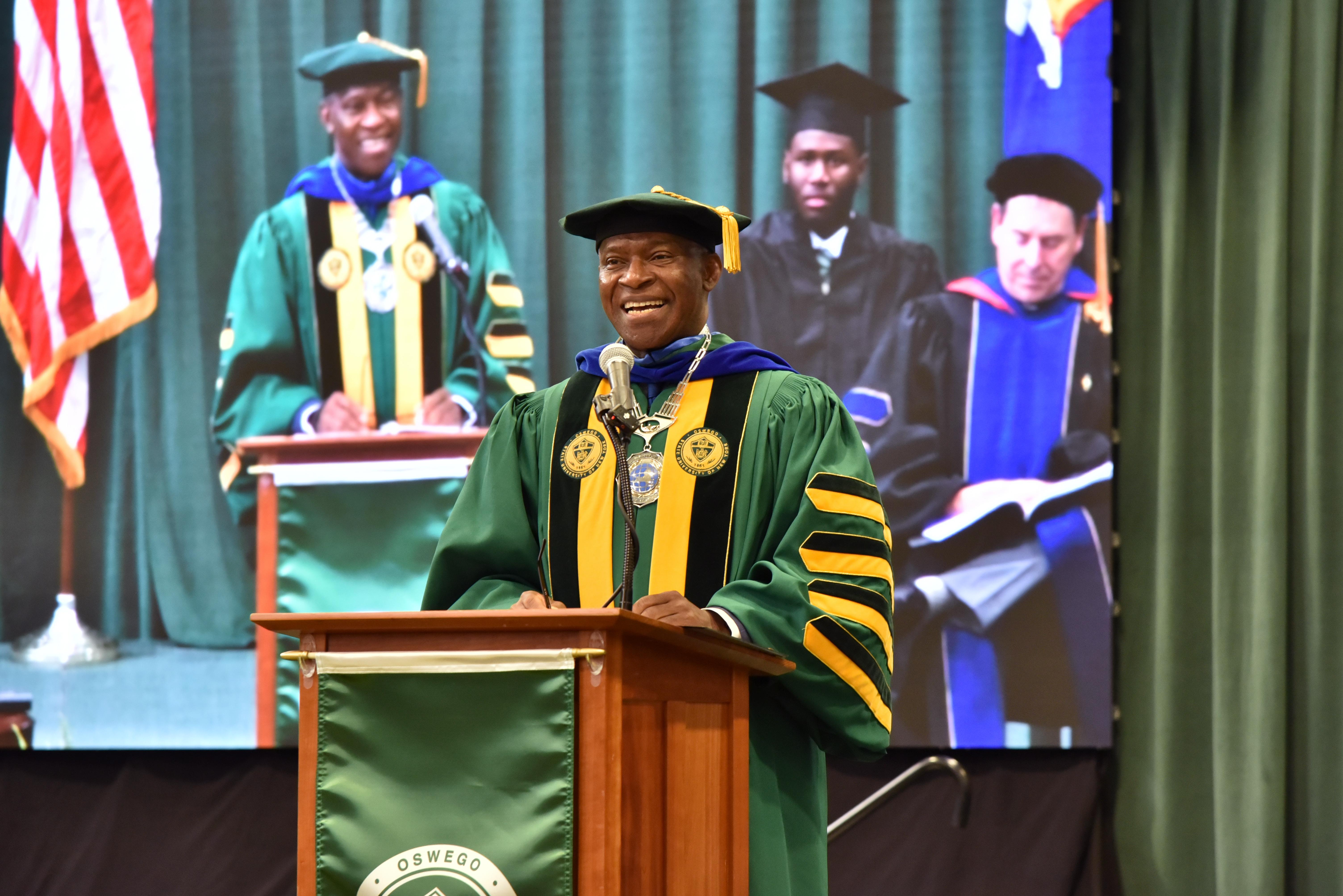 SUNY Oswego’s 11th President Peter O. Nwosu speaks about the institution’s past, present and exciting future during his Inauguration ceremony on Sept. 27.