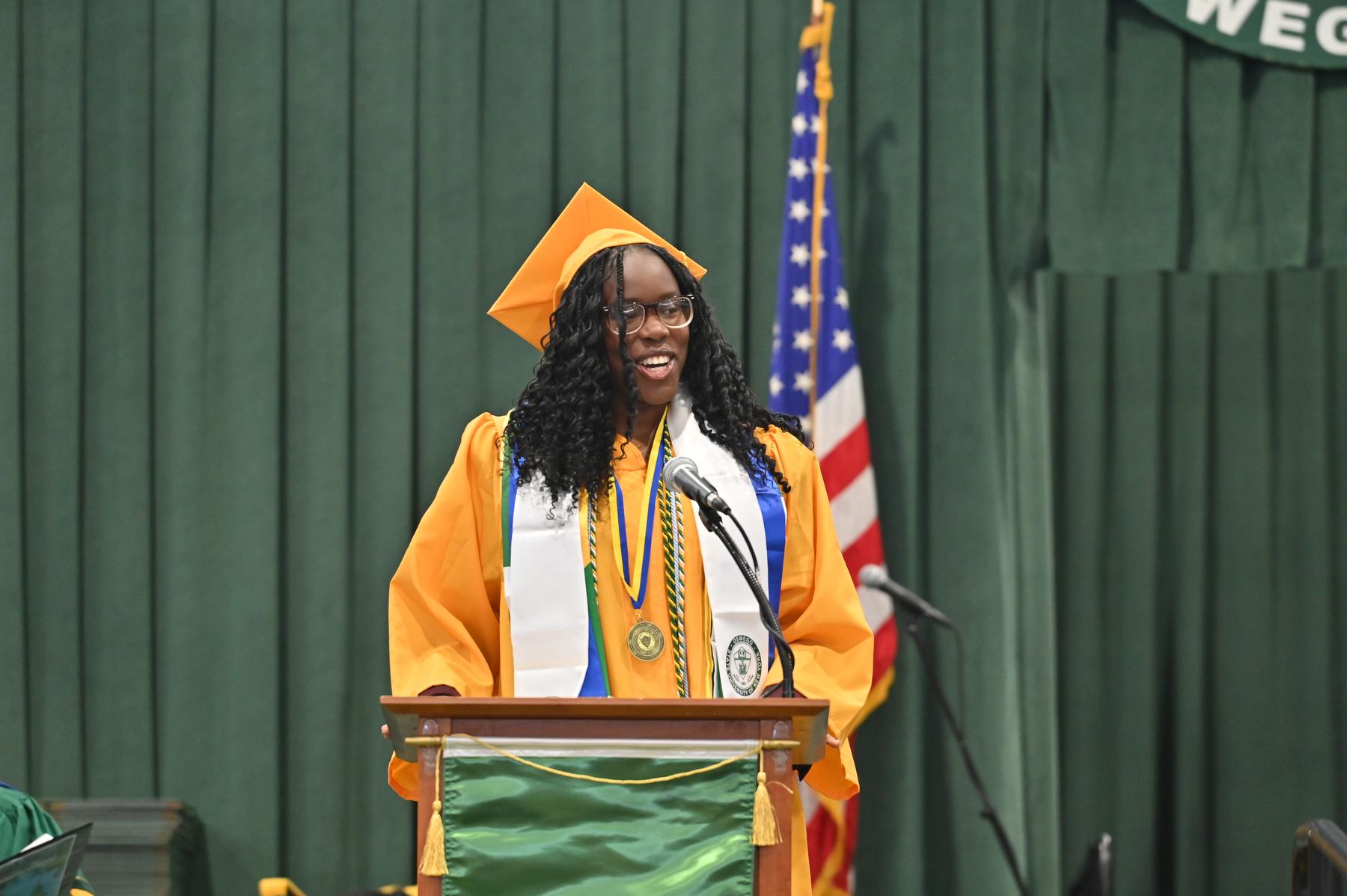 Student Association President Oghenetega “Tega” Adjoh speaks to her fellow the Class of 2026 graduates during May Commencement.