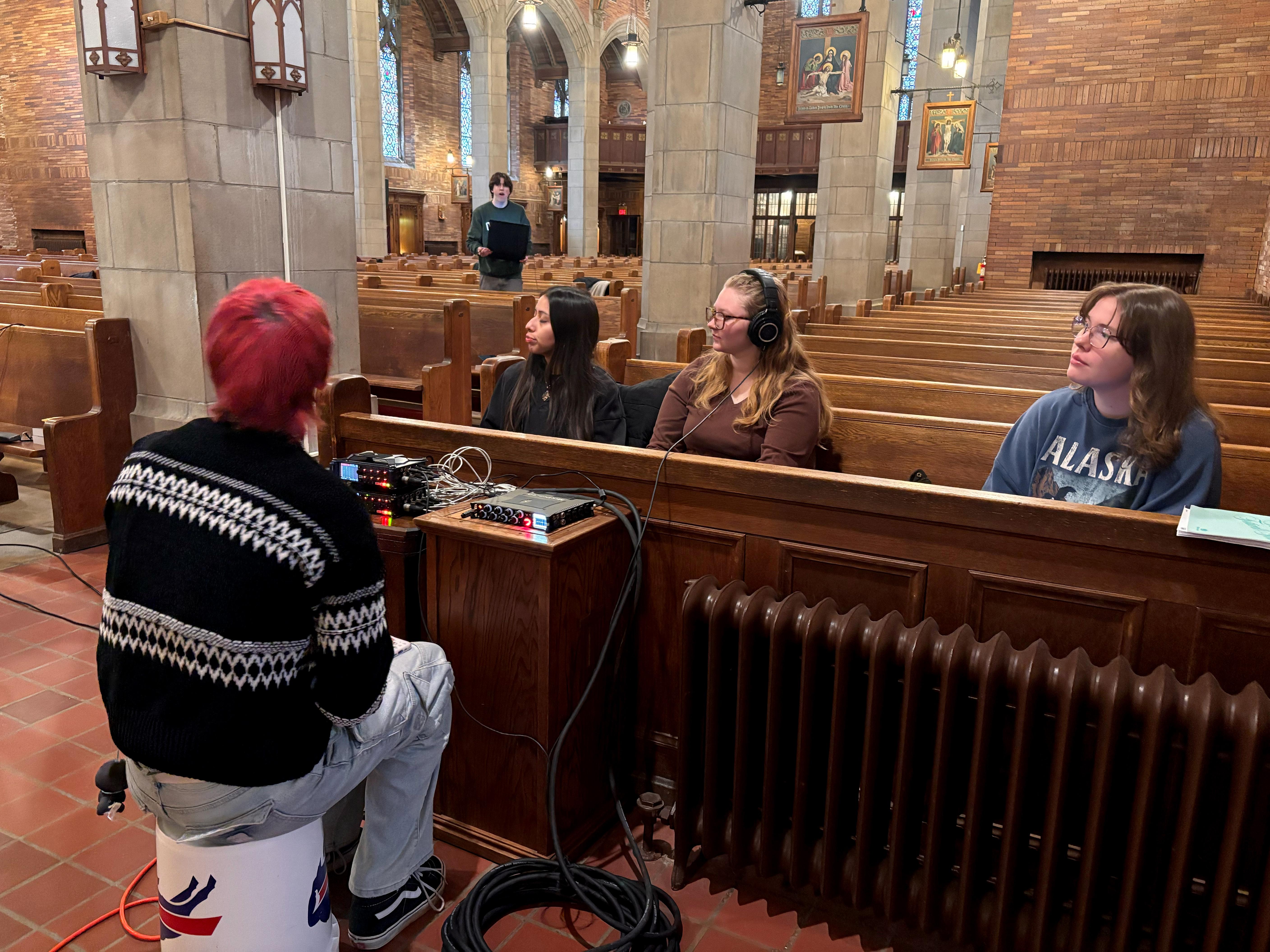 SUNY Oswego students recording Buffalo GirlChoir at St. Mary's Church in Oswego