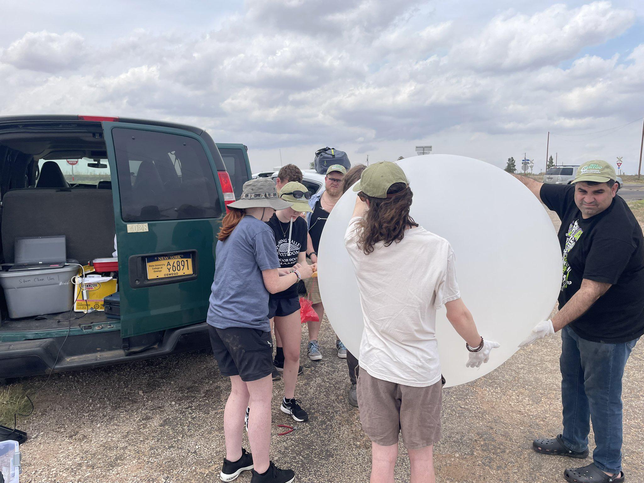 SUNY Oswego students in a storm-chasing class launched weather balloons to take atmospheric readings near Wolfforth. (Photo courtesy of  x.com/oswegochasers)
