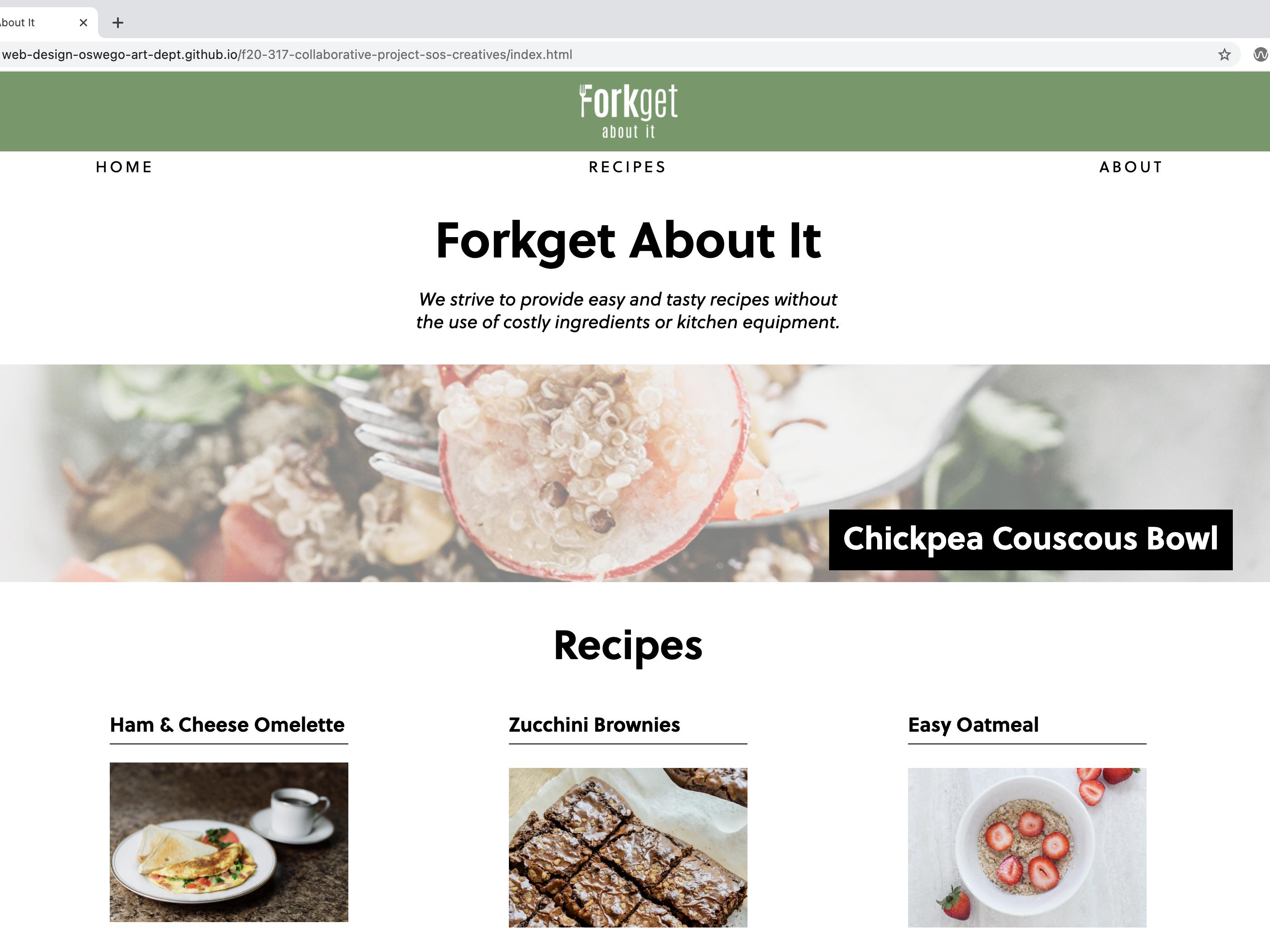 Image from Forkget About It website, offering easy, creative recipes that are inexpensive to prepare