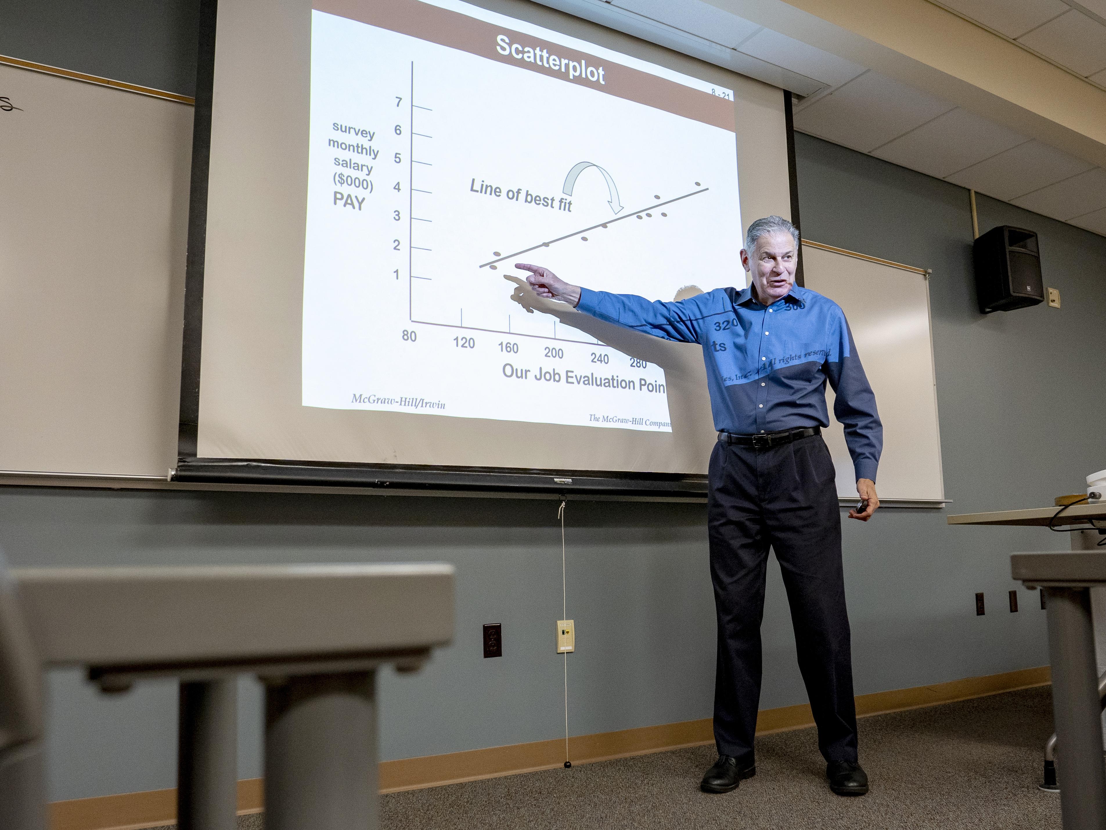 Barry Friedman points to a chart while teaching a class in Rich Hall