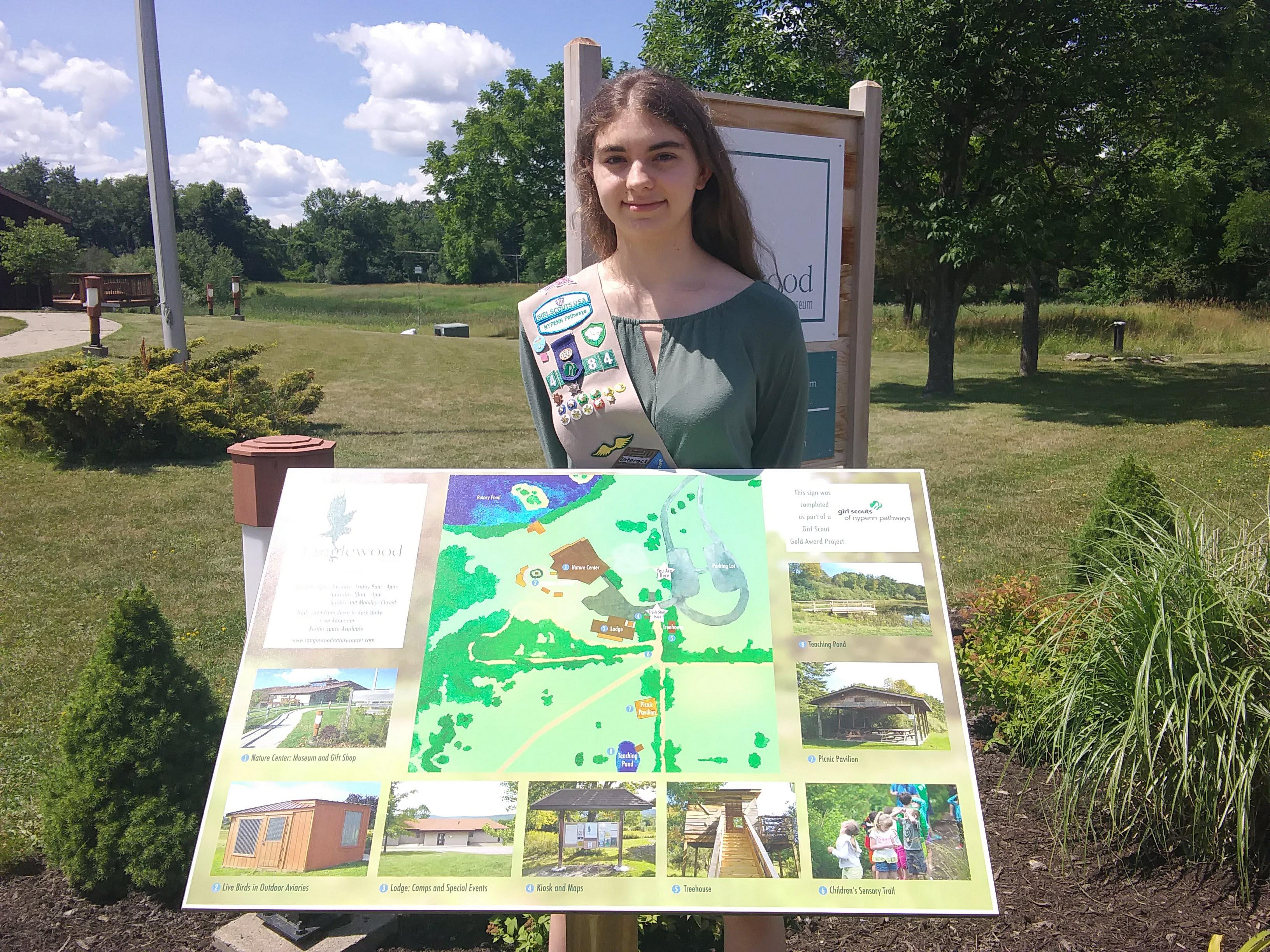 Genevieve Egan earned a Girl Scouts Gold Award for constructing a sign benefiting the Tanglewood Nature Center and Museum