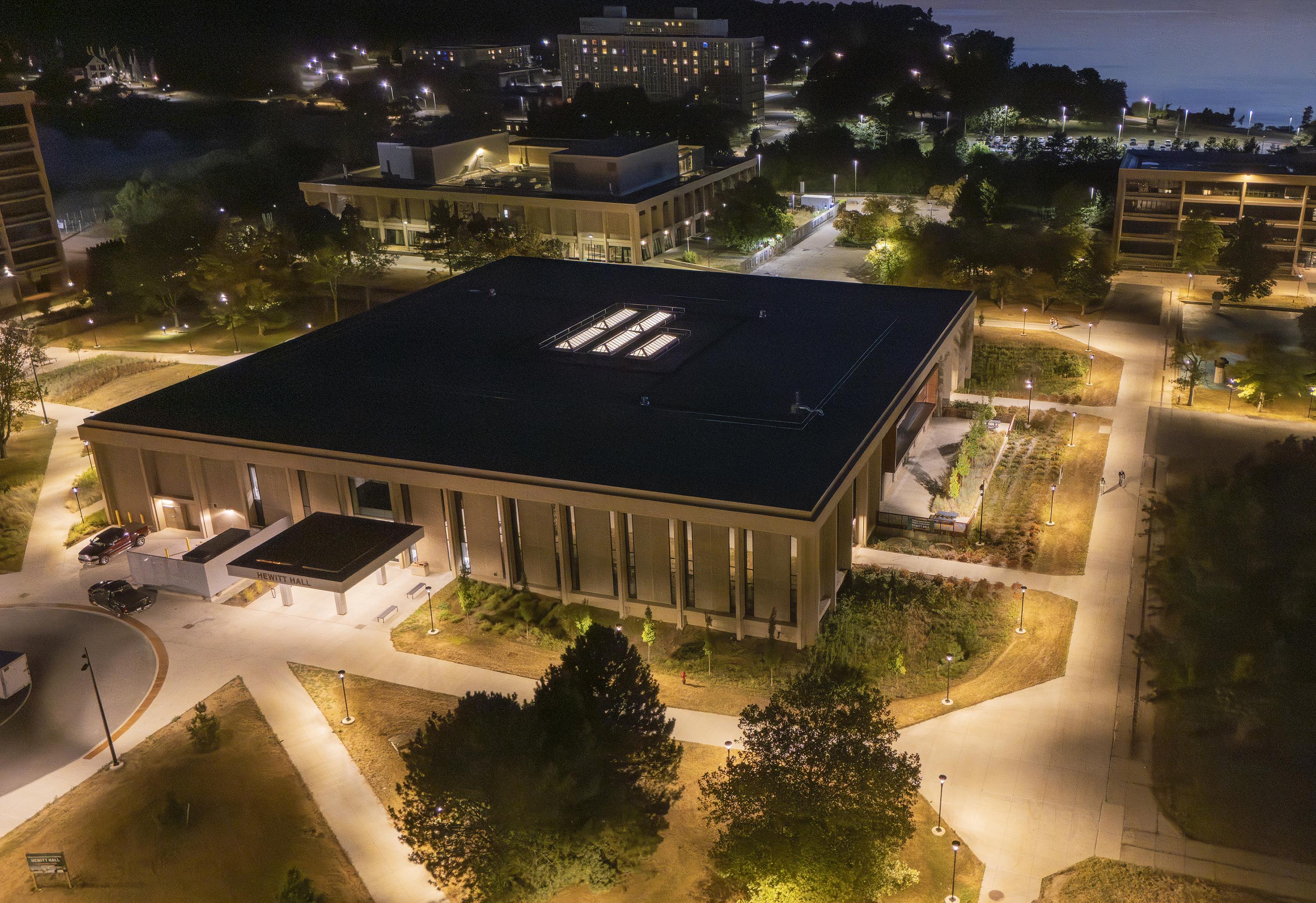 Hewitt Hall and the adjacent quad pictured via aerial