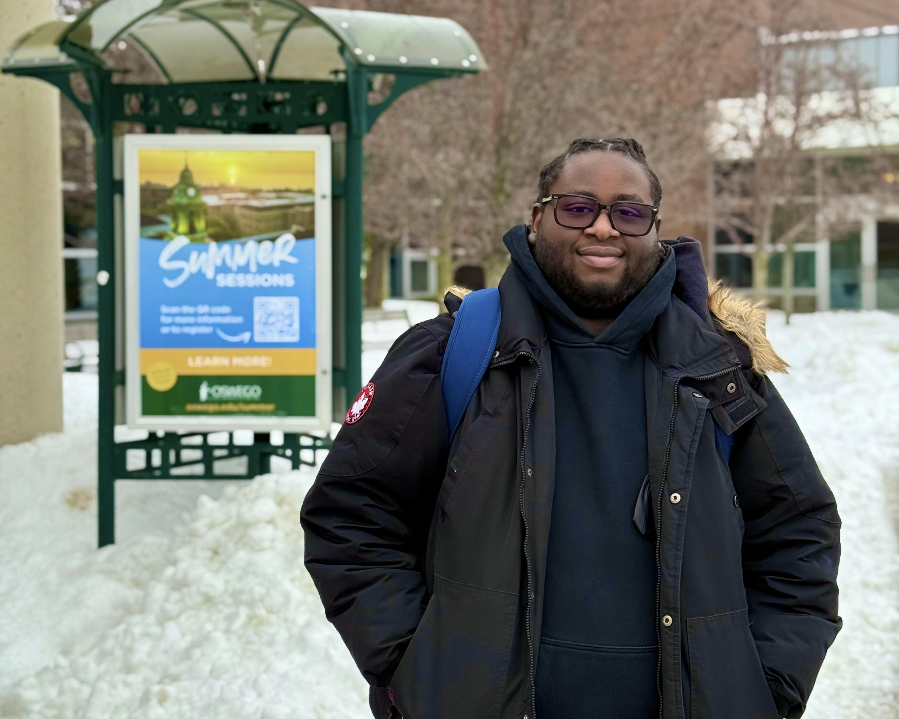 Oswego student Jaden Jiggetts outside Marano Campus Center.