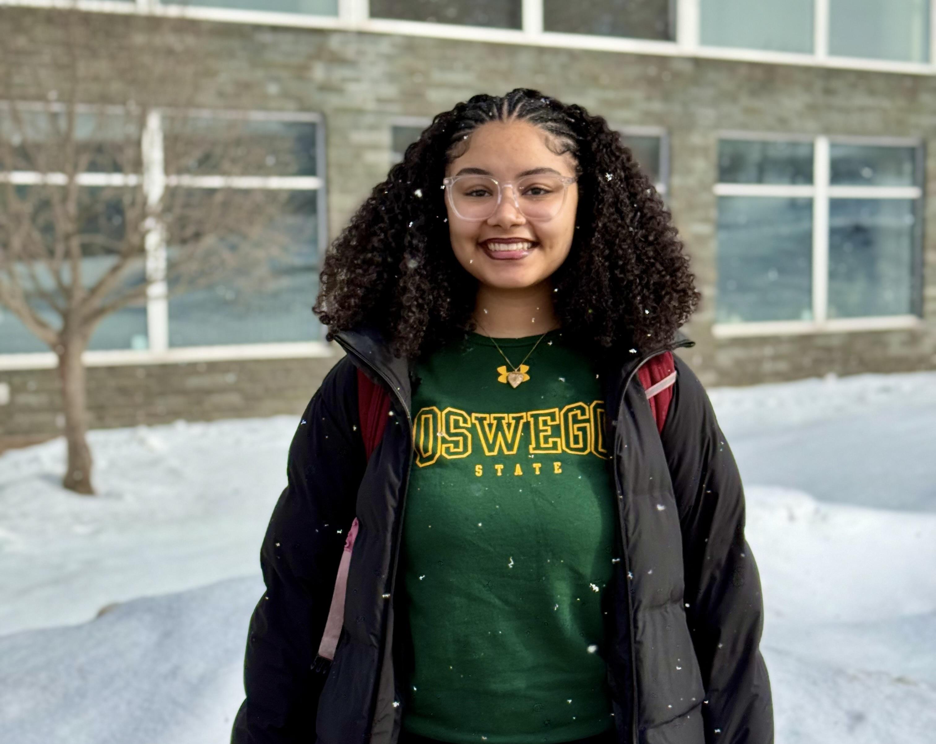Oswego student Meenal Shojaian outside Marano Campus Center.