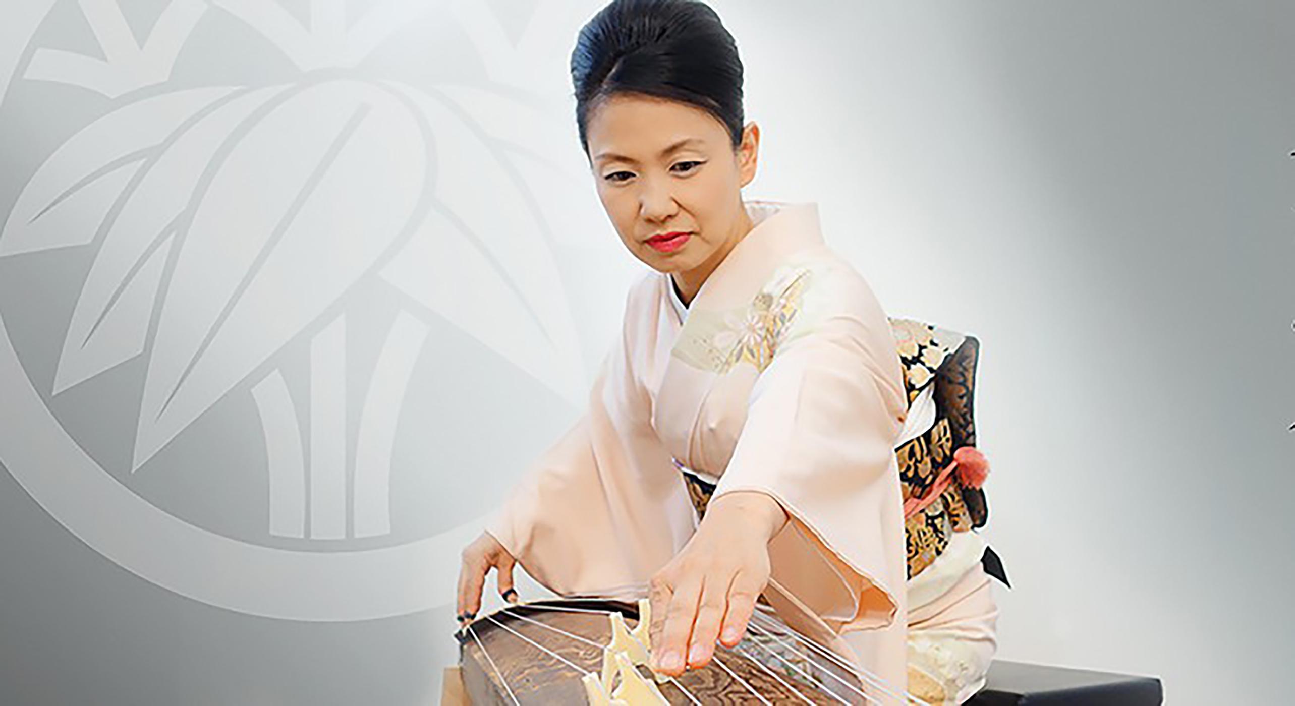 Masayo Ishigure plays a traditional Japanese horizontal harp or zither known as the koto