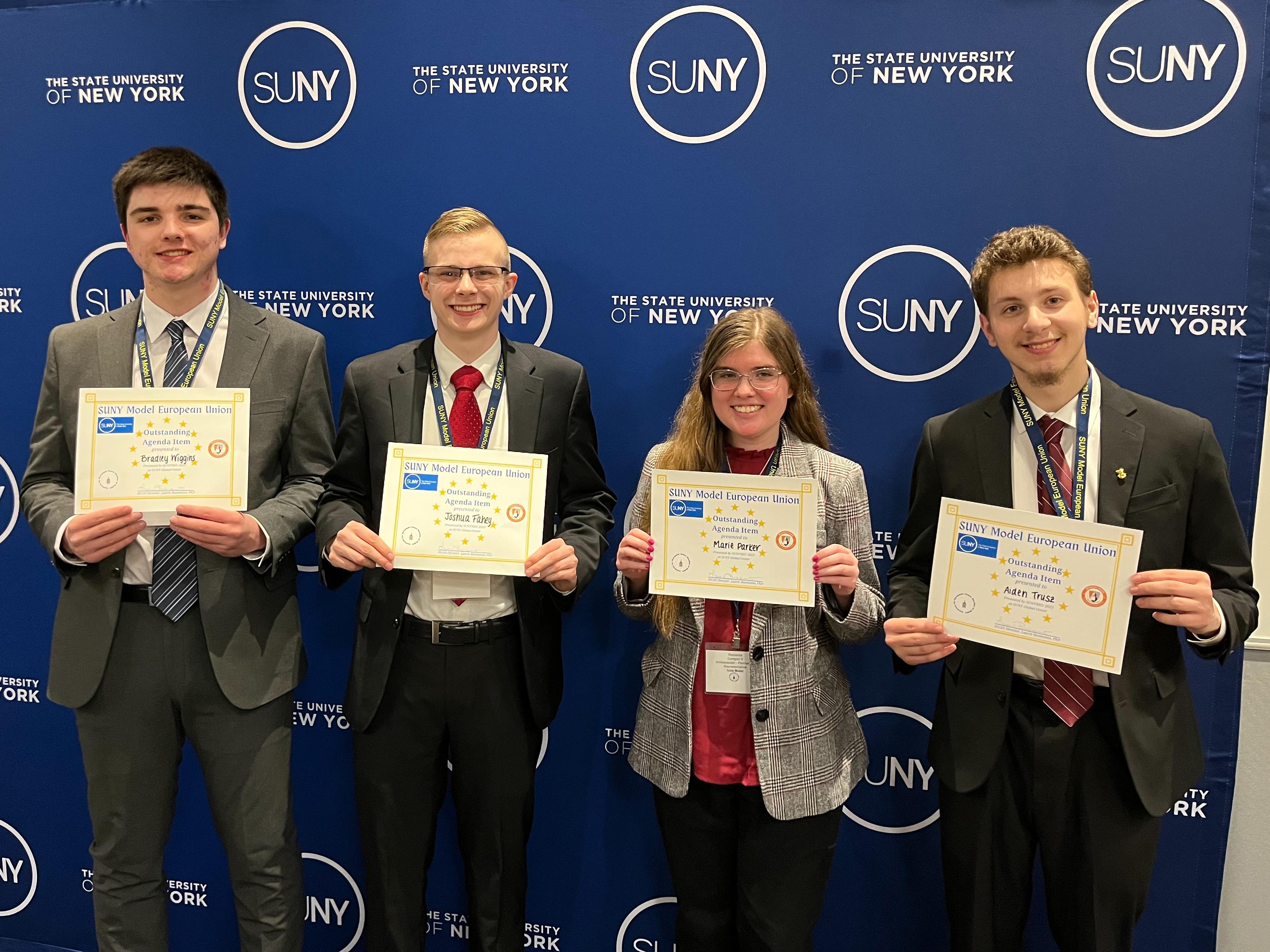 SUNY Oswego students Bradley Wiggins, Joshua Fahey, Marie Park and Aidan Trusz recently excelled in the university's first-ever appearance at the SUNY Model European Union gathering.