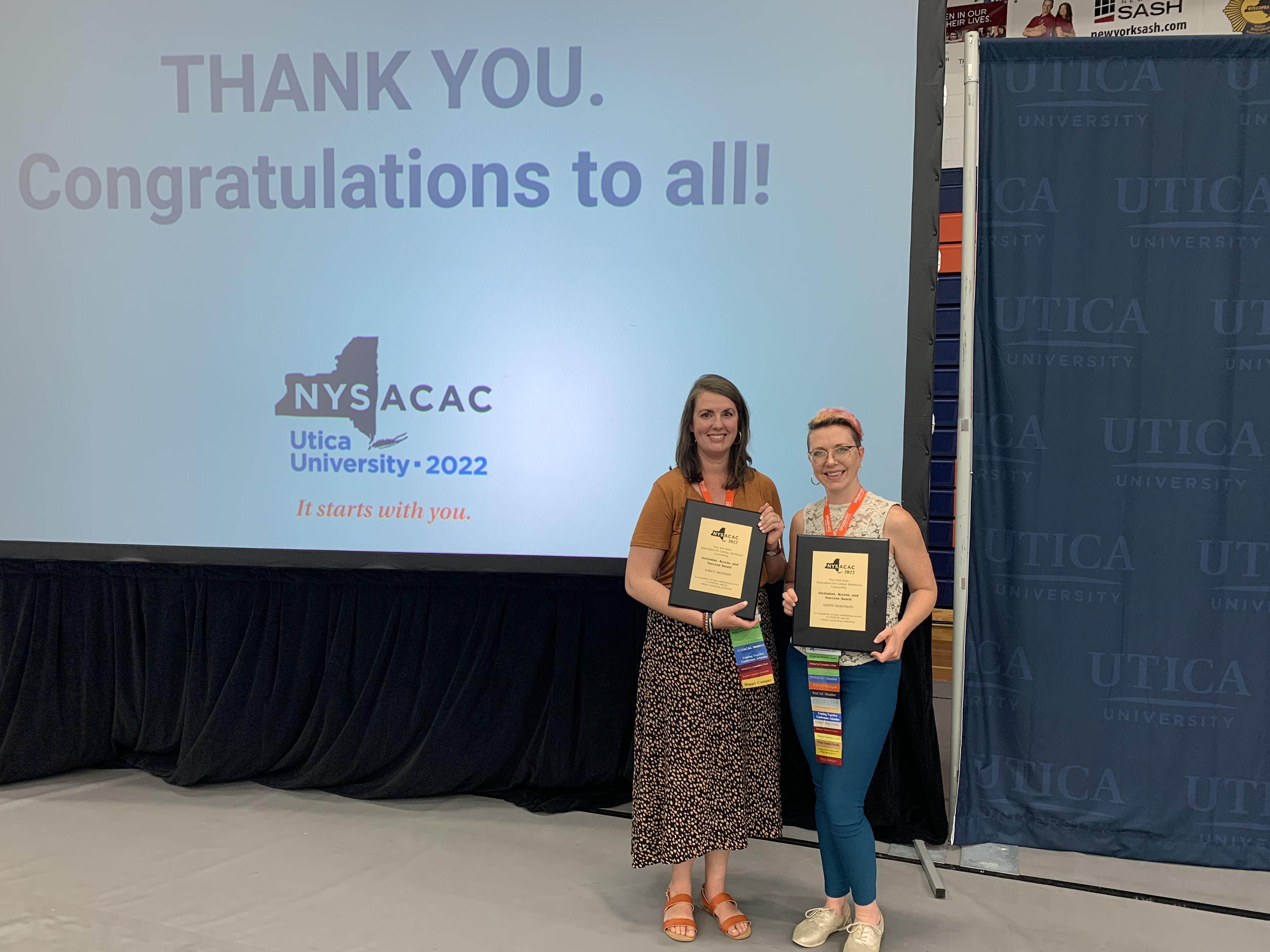 SUNY Oswego's Karen Archibee and Danny Robinson of SUNY Maritime earned a statewide award for their support of access and inclusion in admissions activities