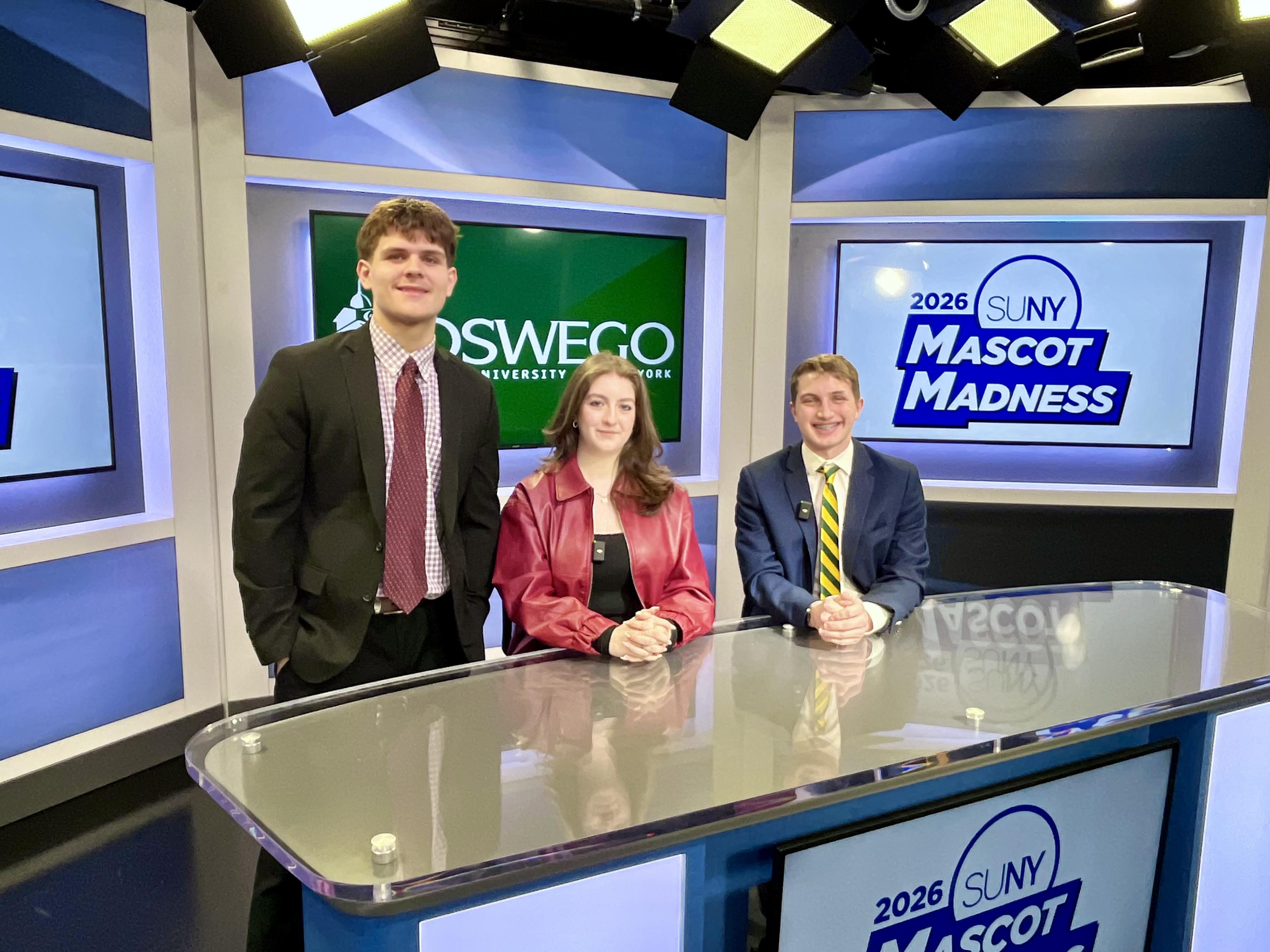 SUNY Oswego broadcasting and digital media students Luke Belanger, Joshua Matteson and Michelle Smith have earned attention and admiration across the state and beyond by providing ongoing “SportsCenter”-style coverage of SUNY’s annual Mascot Madness.
