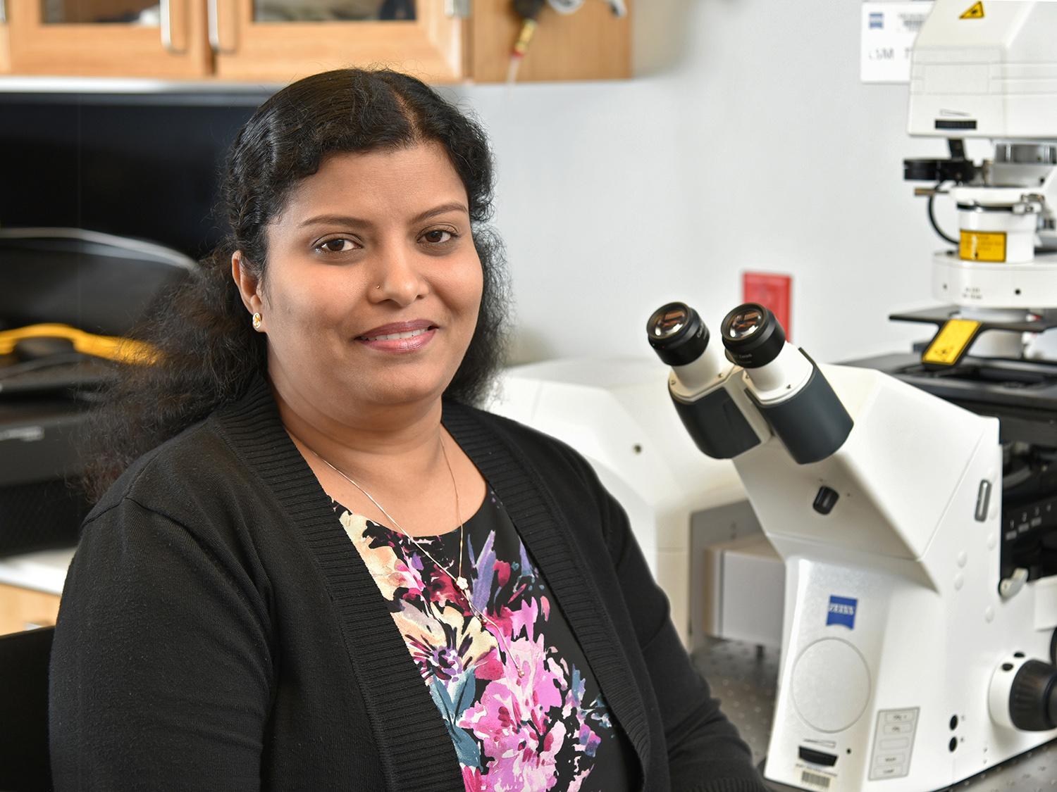 Poongodi Geetha-Loganathan, an award-winning member of biological sciences faculty, in a lab