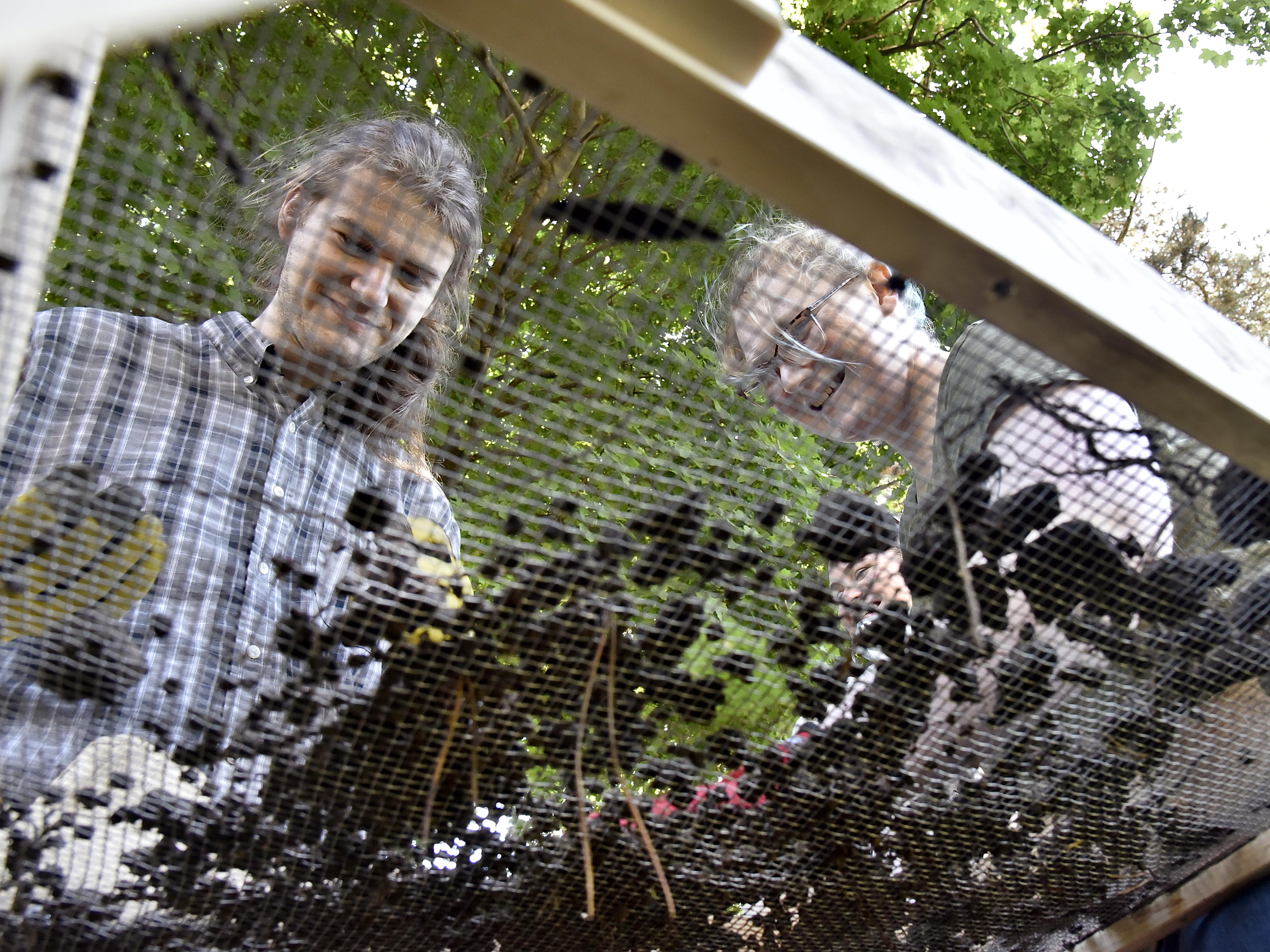 Two anthropology students viewed through a straining screen as they look for materials during a dig at the Richardson-Bates House