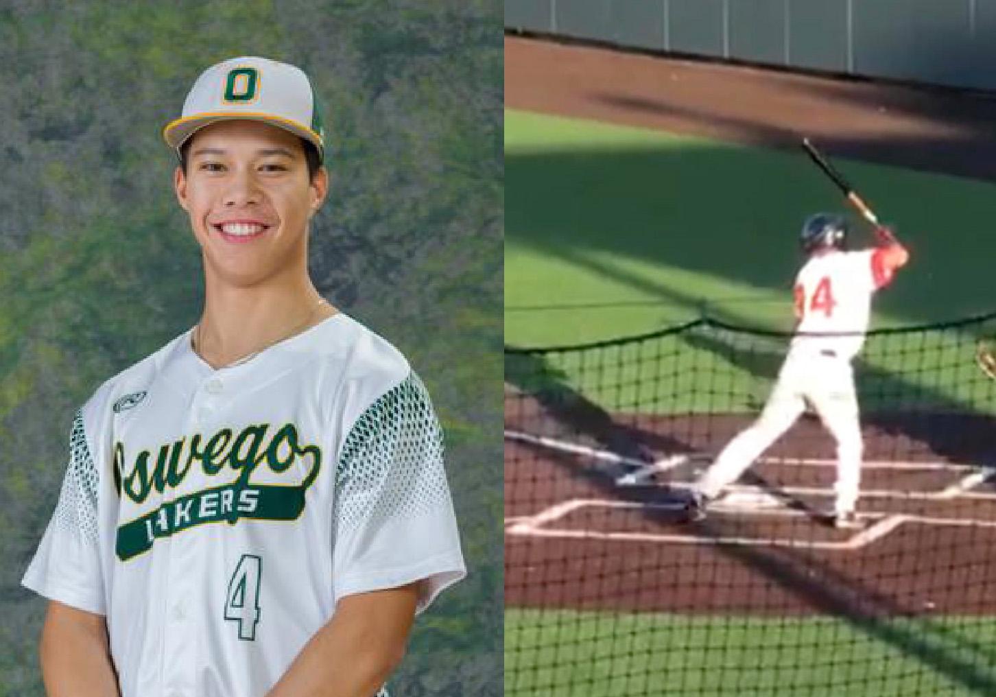 Two photos of Emil Sander: as a baseball player for Oswego State and for batting for the Auburn Doubledays