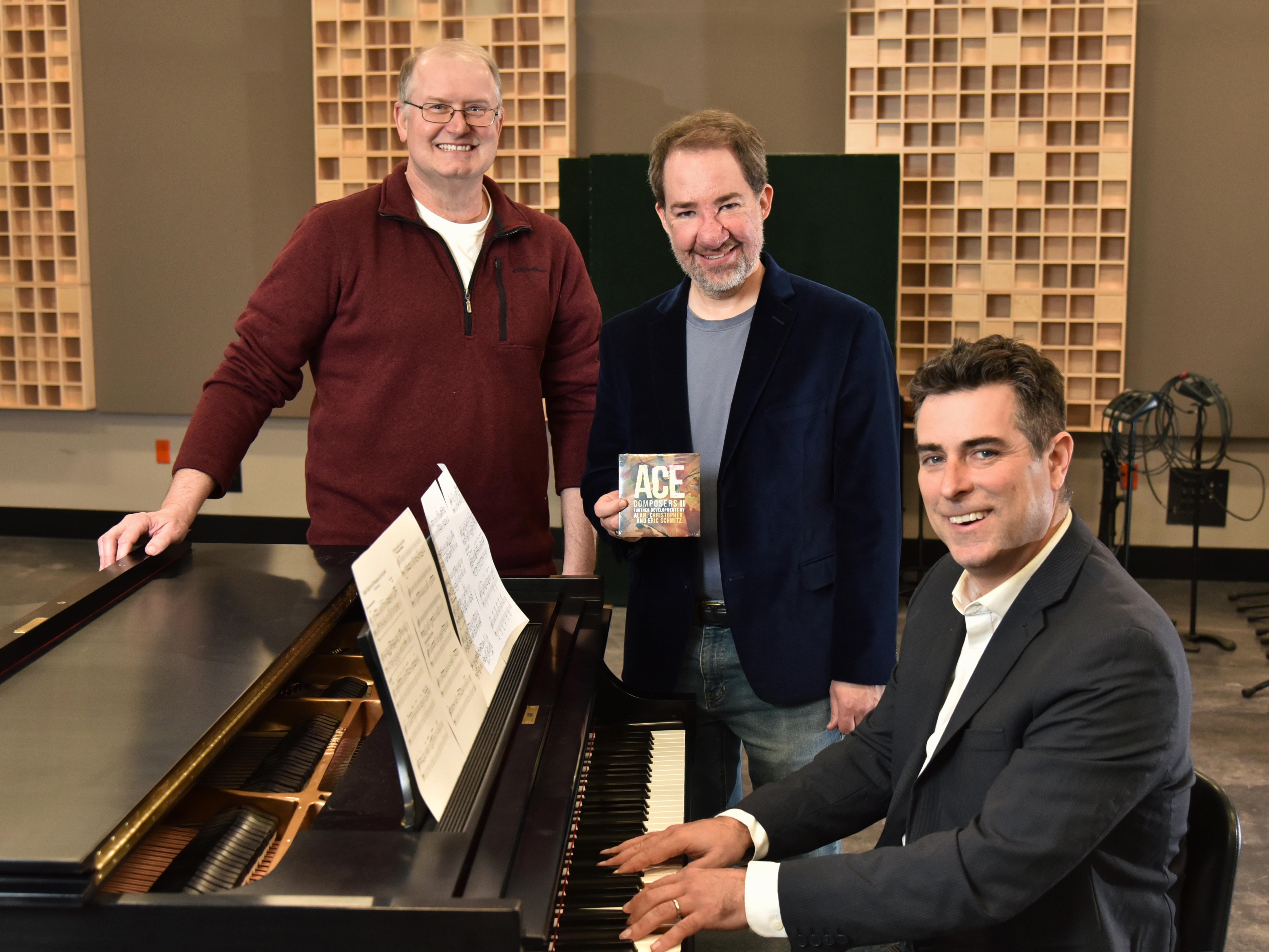 Dan Wood, Eric Schmitz and Rob Auler in a recording studio