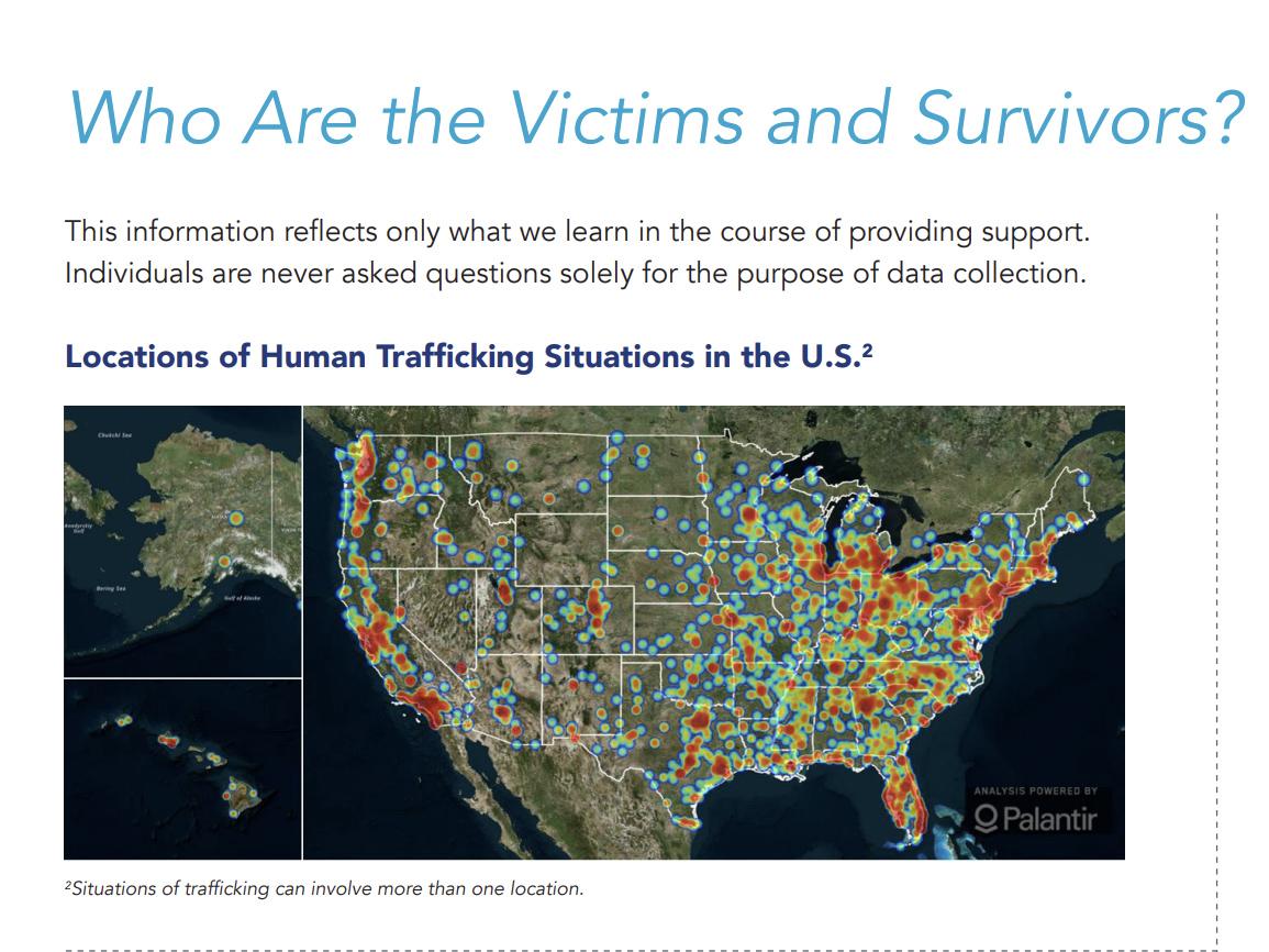 Screen capture that shows locations of human trafficking in the United States from the 2019 Polaris Project Data Report showing how widespread incidents are