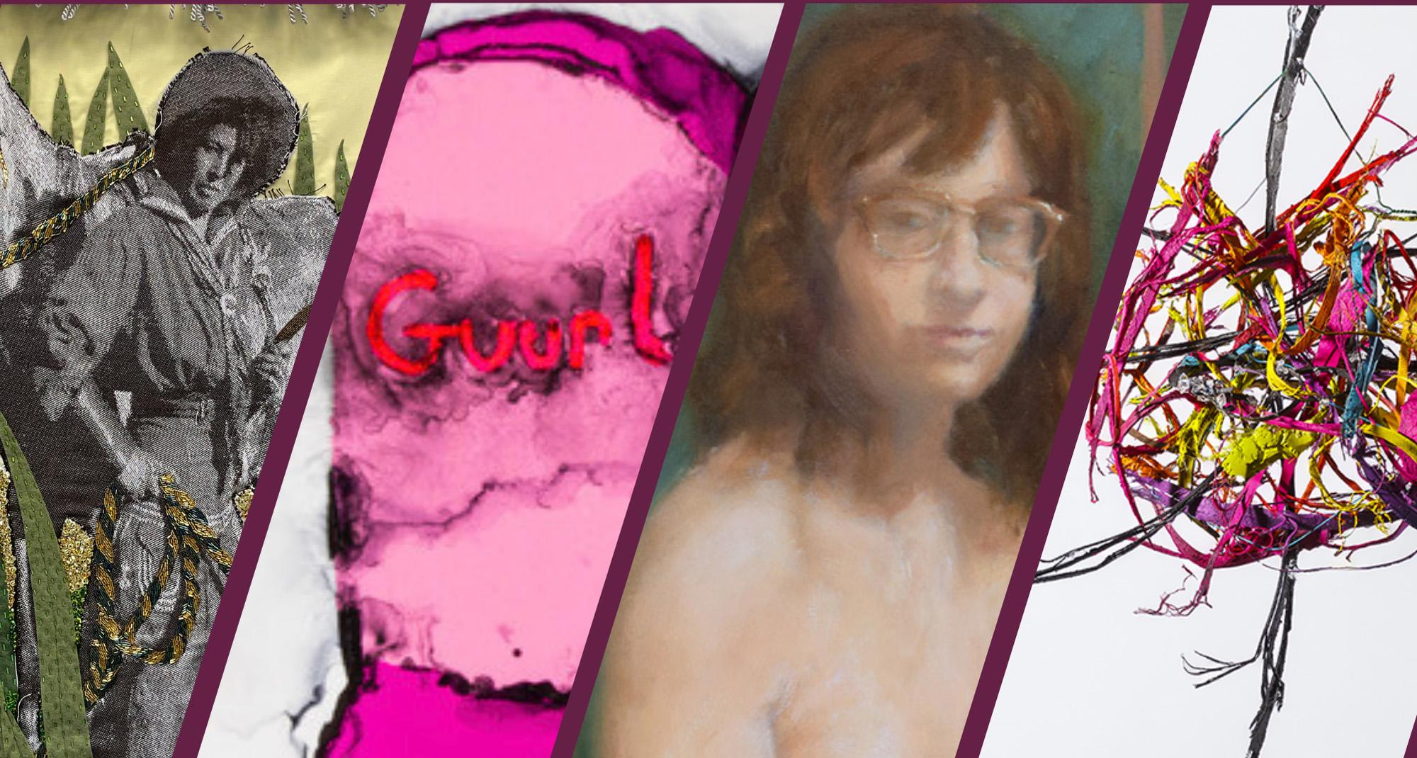 Collage of artists' works for She is on Her Way exhibition