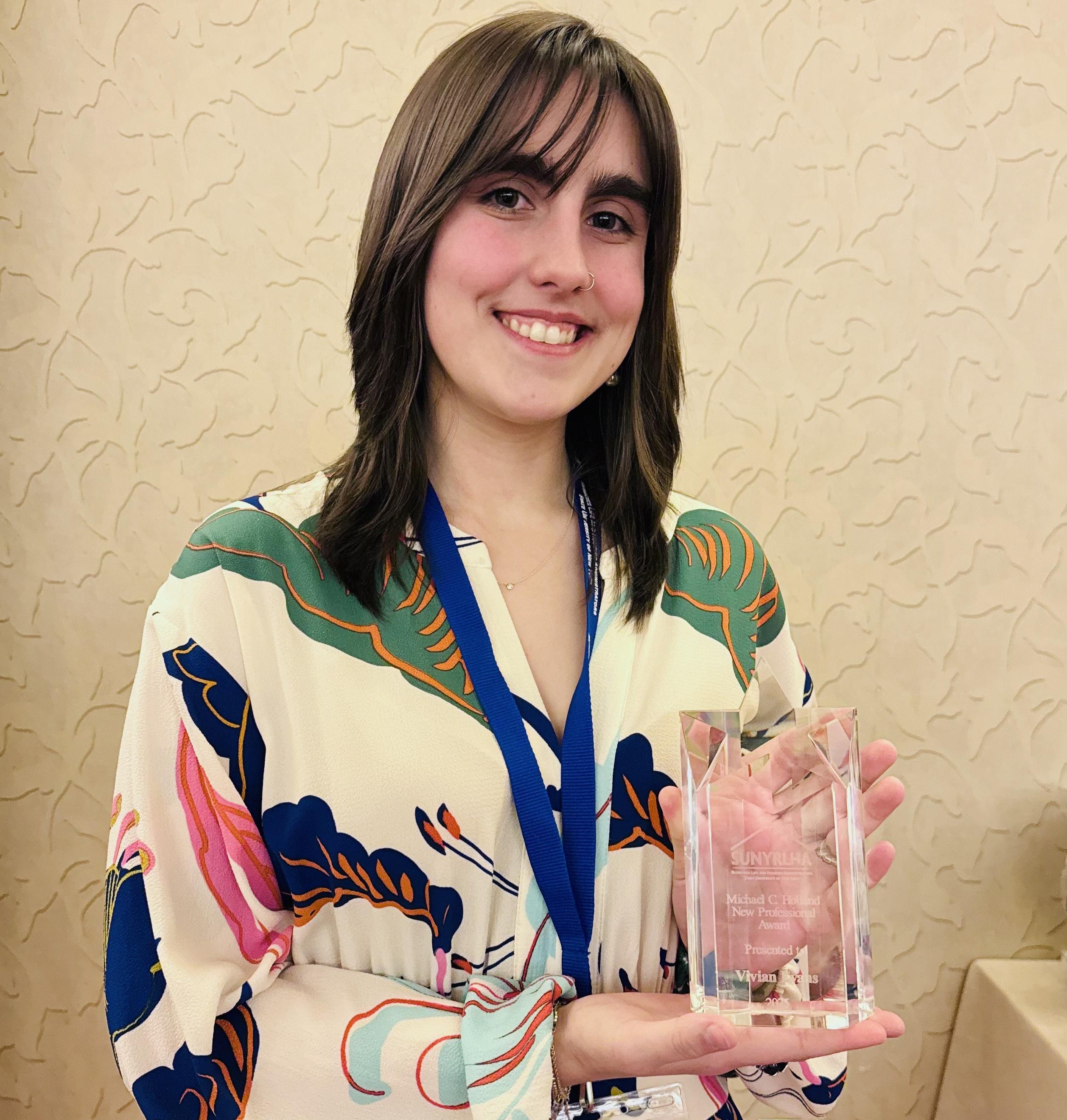 Vivian Evans, resident hall director of Seneca Hall at SUNY Oswego, earned a SUNY-wide award for new professionals, recognizing her unwavering commitment and hard work.