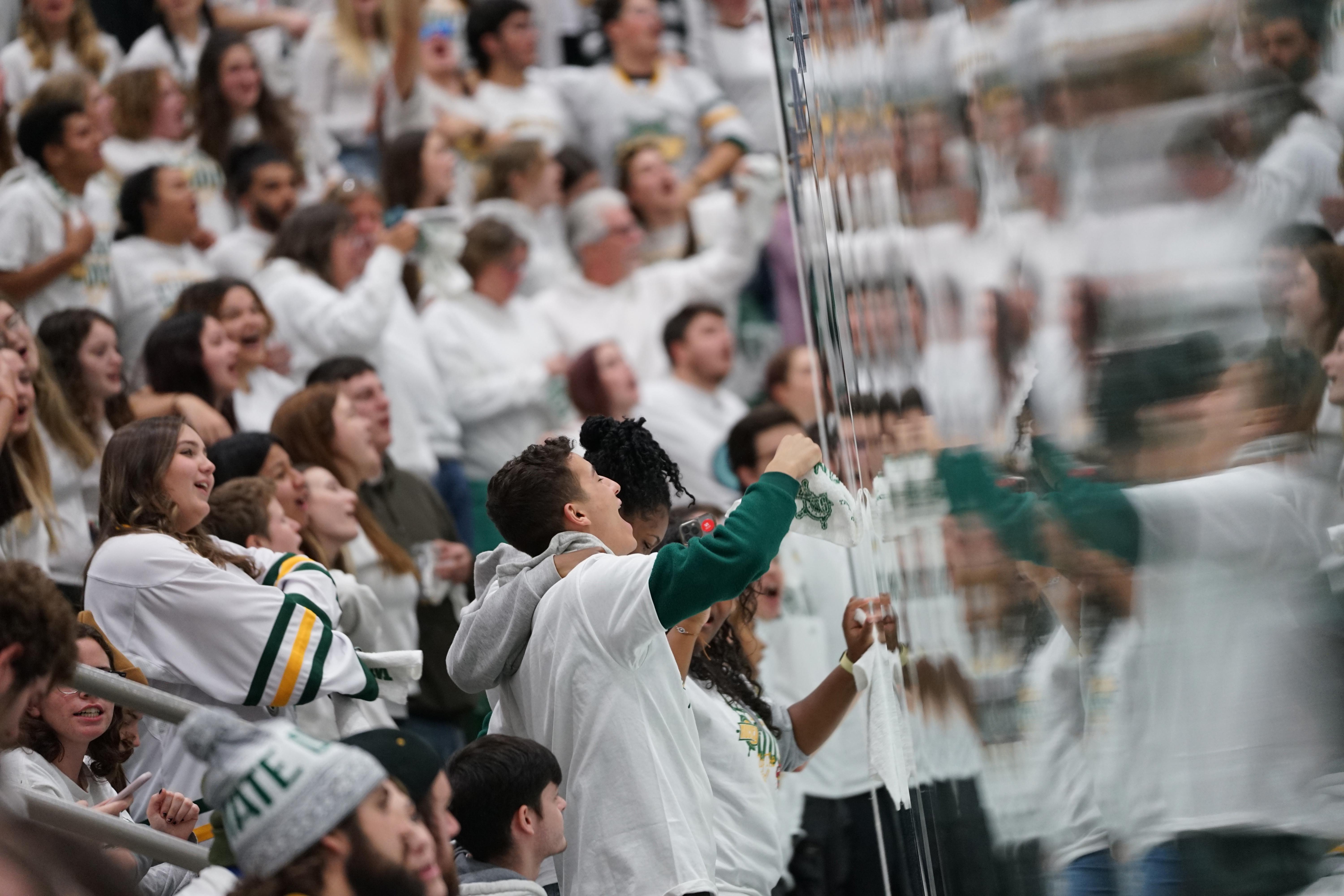 Students cheer on the Laker men's hockey team during a previous Whiteout Weekend game