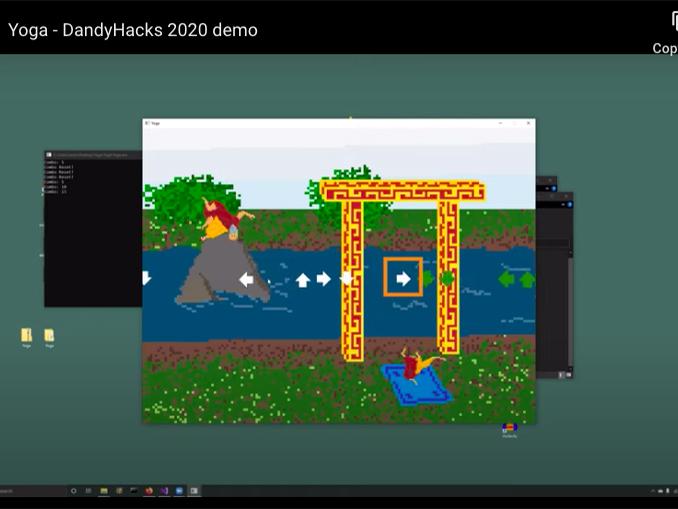 Screen capture of scene from Yoga video game, which won a hackathon award