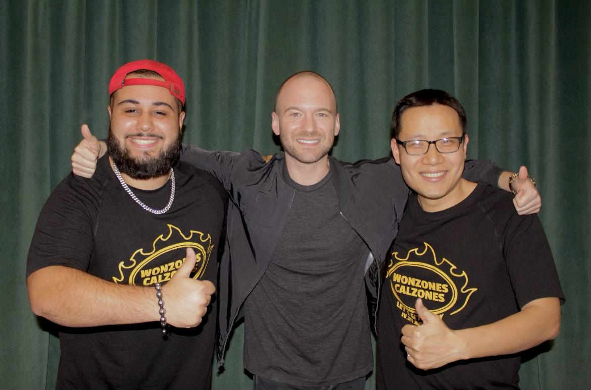 Student Zac Nusimow, Hot Ones host Sean Evans and Wonzones owner Jason Shi