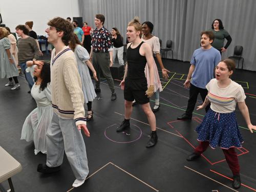 Students work on a musical number in an early rehearsal of "All Shook Up"