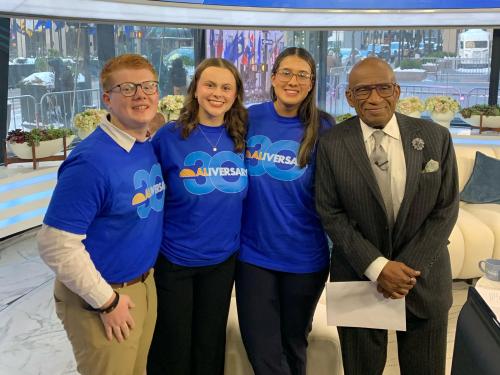 As part of the celebration of 1976 SUNY Oswego alumnus Al Roker's 30th anniversary with NBC's "Today" who, some alumni surprised him live on the show. Joining him from left are Scott Brubaker, Kaley Richmond and Jolie Santiago