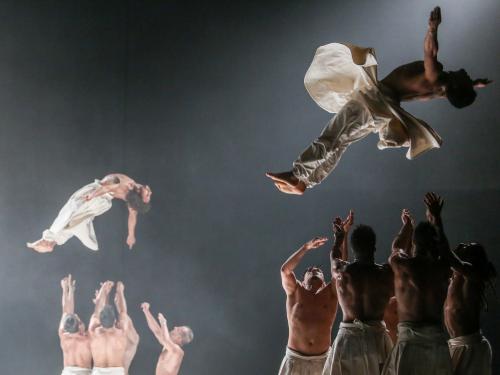 Cie Herve KOUBI, shown with two of its members soaring above the stage, is a high-energy 13-man dance troupe from Algeria and Burkina Faso will perform in February