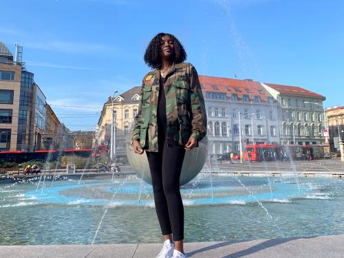 Awa Dembele, a double major in public justice and sociology and a Diversity Study Abroad Mentor, shown during her time studying in the Czech Republic