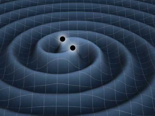 Illustration of gravitational waves around two black holes in space