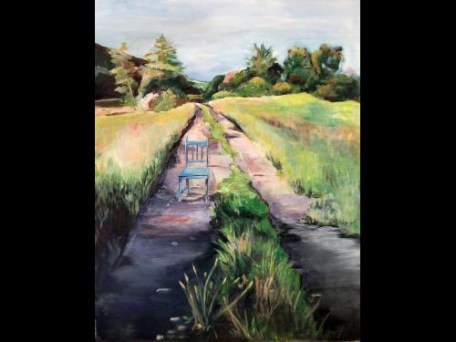 Painting showing ruts of a vehicle and a chair in a rural setting
