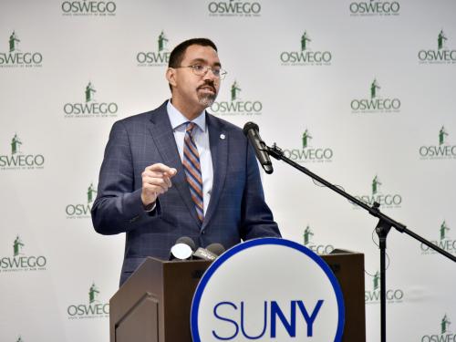 SUNY Chancellor John B. King Jr.'s visit to the SUNY Oswego campus on Wednesday, Feb. 14, included the announcement of nearly $10 million in annual state funding to increase mental health services and support across the SUNY system, including SUNY Oswego,