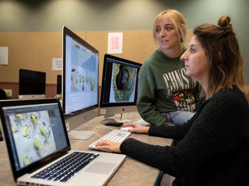 Two students work on digital images in a graphic design lab