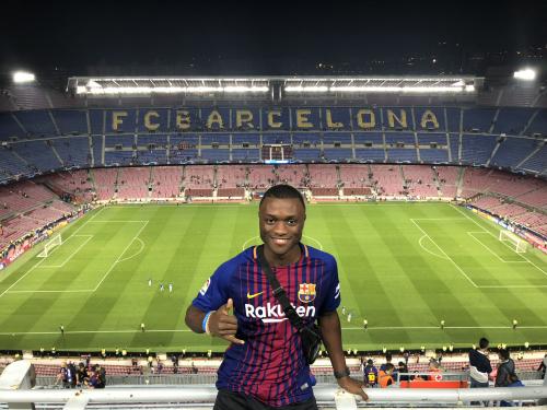 Nyezee Goe prepares to enjoy an FC Barcelona soccer match in Spain while on his study abroad exploration
