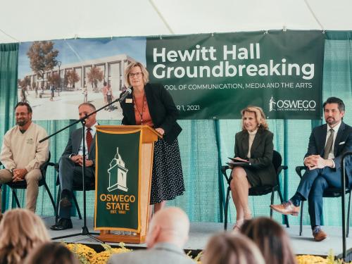 School of Communication, Media and the Arts Dean Julie Pretzat speaks at Hewitt groundbreaking