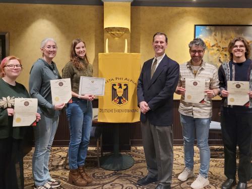 From left are students Corinne Hotchkiss and Liza Ruby; Ruthie Taber; faculty members Patrick Schultz and Mihai Paraschiv; and student Hayden Combs.
