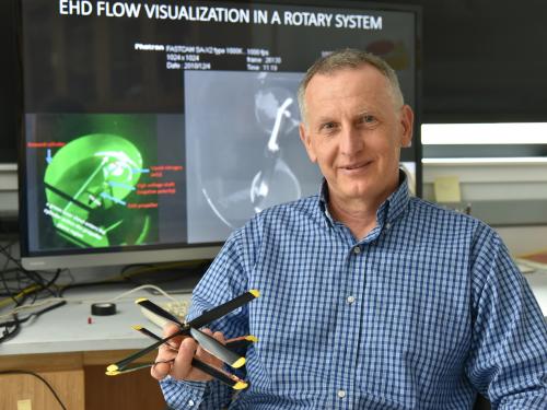 Adrian Ieta with rotors used in breakthrough in ionic wind technology