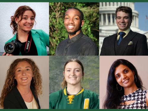 SUNY Oswego student banner presenters for the May 2025 ceremonies include:Melinda Brancato, Jaylen Cameron and Austin Davis; Bryleigh Beauchat, Rachel Corbett and Manali Shivapurkar 