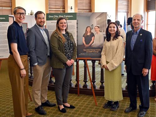 SUNY Oswego Assistant Vice President for Workforce Innovation and External Relations Kristi Eck; Austin Wheelock and Alexandra Fitzpatrick of Operation Oswego County; Natalie Glosek, an English and creative writing major; and Oswego Mayor Robert Corradino