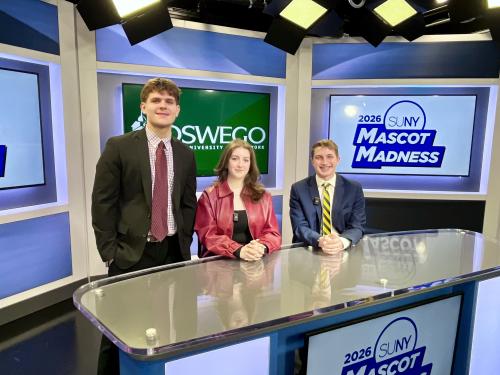 SUNY Oswego broadcasting and digital media students Luke Belanger, Joshua Matteson and Michelle Smith have earned attention and admiration across the state and beyond by providing ongoing “SportsCenter”-style coverage of SUNY’s annual Mascot Madness.