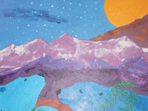Painting showing a moon peeking over mountains