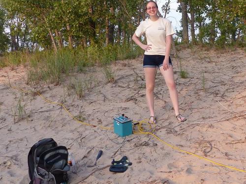 Kimberly Smith doing research on dunes by Lake Ontario
