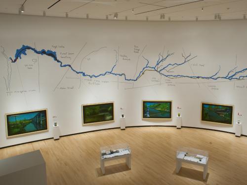 Wall map of a previous Alberto Rey exhibition connecting to waterways