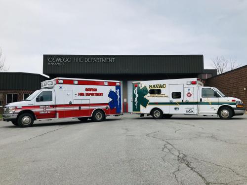 SAVAC ambulance with city ambulance at Oswego Fire Department