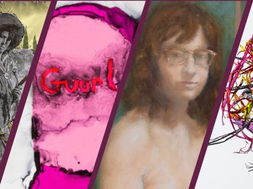 Collage of artists' works for She is on Her Way exhibition