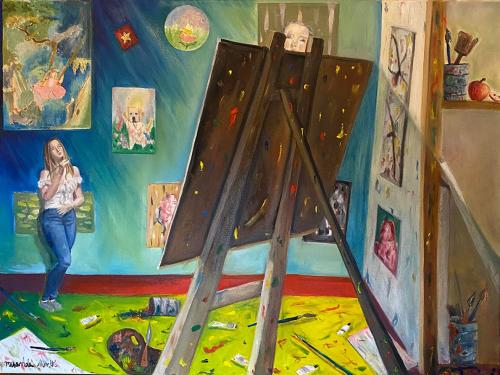 Blind, a painting by student Miranda Smith, shows a woman with a large easel in a room with paintings upon its walls