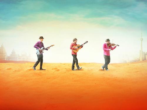 Three members of the Sultans of Swing musical ensemble walk across a colorful landscape holding instruments