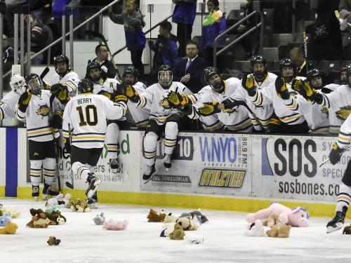 Laker hockey players celebrate goals on fans toss stuffed bears on the ice in support of Toys for Tots