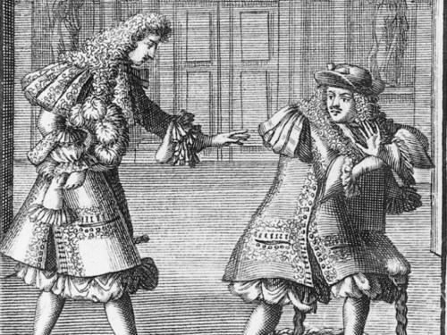 Print of two actors in a scene from Moliere's The Misanthrope