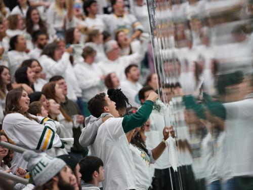 Students cheer on the Laker men's hockey team during a previous Whiteout Weekend game