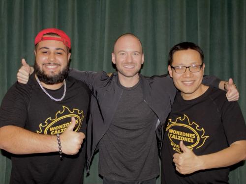 Student Zac Nusimow, Hot Ones host Sean Evans and Wonzones owner Jason Shi
